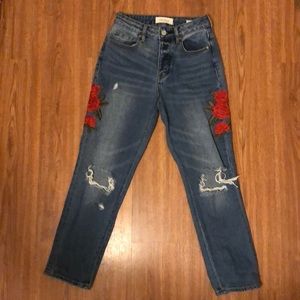 blue denim mom jeans with roses